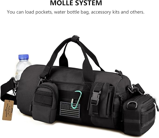 ArcEnCiel Small Tactical Duffle Bag Men Gym Pack Military Molle Shoulder Bags Shoes Storage Sports Handbag with Patch (Black)