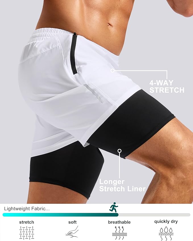 Pudolla Men's 7" Running Shorts with Zipper Pockets Quick Dry 2 in 1 Workout Gym Shorts with Liner for Tennis Yoga Training