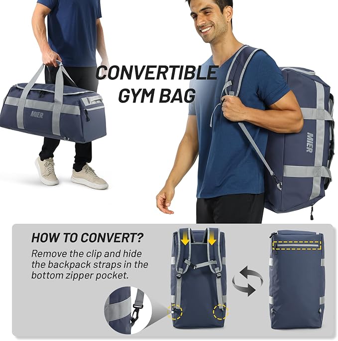 MIER Gym Bag for Men Large Duffel Backpack with Shoe Compartment, 60L Convertible Duffle Bags Weekender Overnight Bag for Gym Sports Travel, Blue