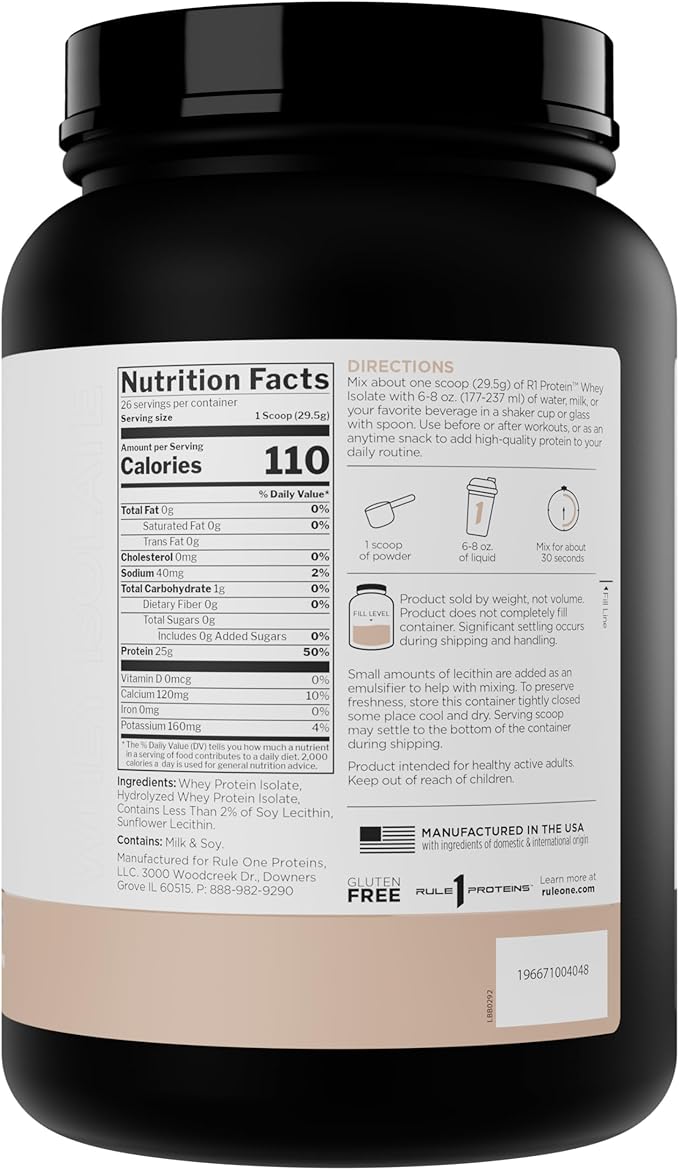 Rule 1 Naturally Flavored R1 Protein Whey Isolate - Clean Formula with 25g Protein & 6g BCAA Exclusively Isolated & Hydrolyzed Sources for Workout Recovery (1.7 Pounds*, Unflavored)