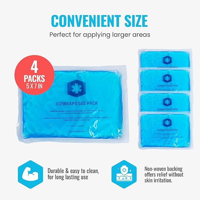 ICEWRAPS 5x7 Ice Packs for Injuries Reusable | Hot Cold Gel Pack for Injuries, Pain Relief, and Migraines | Soft Ice Pack for Arm, Leg, and Back Brace | Flexible Gel Compress Ice Packs | Pack of 4