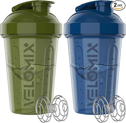 VELOMIX -2 Pack- 20 oz Protein Shaker Bottles for Protein Mixes - 2x Wire Whisk | Leak Proof Shaker Cups for Protein Shakes and Pre Workout | Protein Shaker Bottle Pack (Green/Blue)
