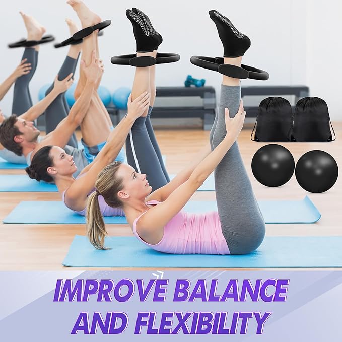 Poen 18 Pcs Pilates Ring Kit Home Pilates Ring Circle and Ball Set for Women Yoga Fitness Set with 5 Resistance Band Stretching Strap Non Slip Sock Ball Core Slider Wristband Headband Gym Bag(Black)