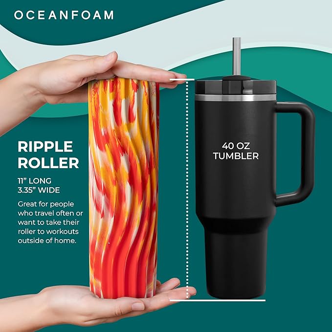 Oceanfoam Ripple Travel Foam Roller (11" x 3.35") Firm Mini Foam Roller for Physical Therapy, Deep Tissue Massage, Back Pain - High Density, Wave Textured, Yoga, Exercise (Red, Gold & Natural Marbled)