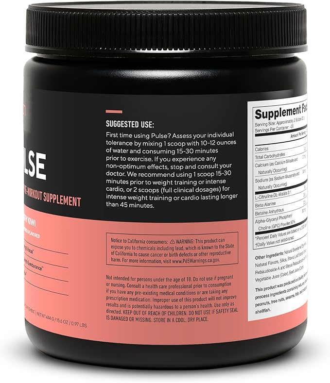 LEGION Pulse Pre Workout Supplement - All Natural Nitric Oxide Preworkout Drink Creatine Free Naturally Sweetened Beta Alanine Citrulline Alpha GPC - Caffeine Free Strawberry Kiwi Pre Workout Powder