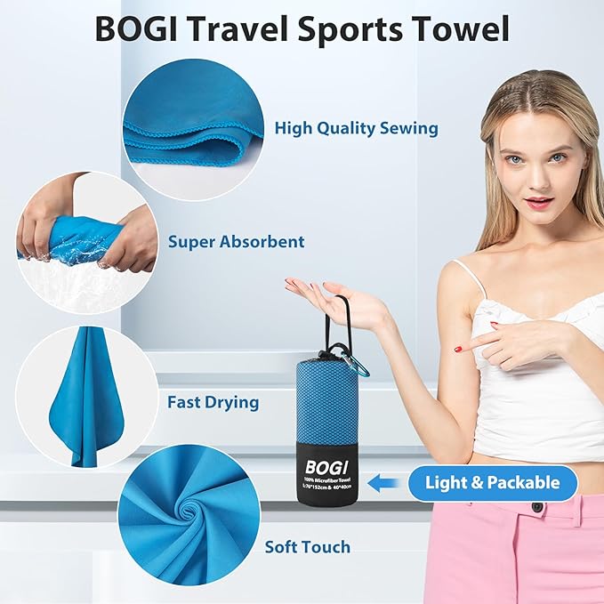 BOGI Microfiber Travel Sports Towel-Quick Dry Towel, Soft Lightweight Microfiber Camping Towel Absorbent Compact Travel Towel for Camping Gym Beach Yoga Swimming Backpacking (S:16''x32'',2Pcs-Blue)