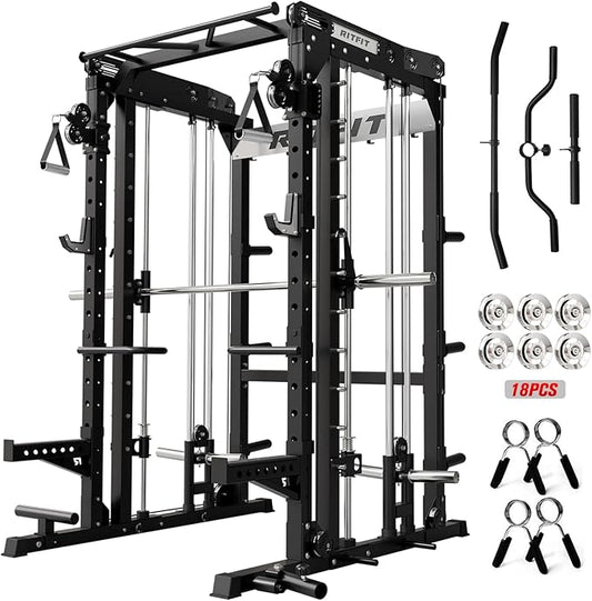 RitFit M2 Smith Machine with with Cable Crossover System, 3D Functional Trainer & Power Cage, 16 Adjustment Holes, 6 Storage Pegs for Full-Body Home Gym