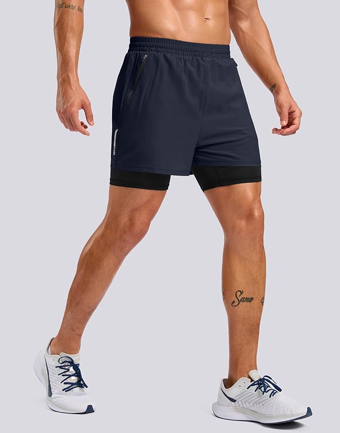 Pudolla Men's 7" Running Shorts with Zipper Pockets Quick Dry 2 in 1 Workout Gym Shorts with Liner for Tennis Yoga Training