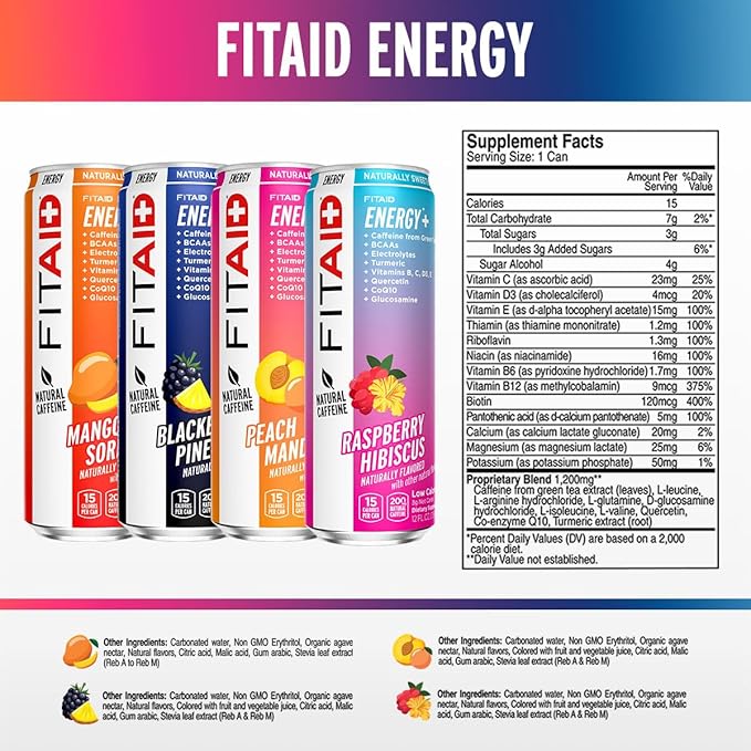 LIFEAID FITAID Energy, 200mg Natural Caffeine, Keto, Variety Pack, Optimum Performance Formula: BCAAs, Quercetin, Electrolytes, Omega-3s, 15 Calories, Paleo, Vegan & Gluten-Free, 12 Fl Oz (Pack of 12)