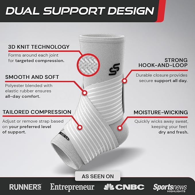 Sleeve Stars Ankle Brace for Women & Men, Ankle Wrap for Sprained Ankle, Compression Sleeve for Plantar Fasciitis Relief, Easy Customizable Support: w/Removable Strap (Single/L:12"-13"/White)