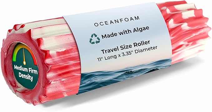 Oceanfoam Ripple Travel Foam Roller (11" x 3.35") Firm Mini Foam Roller for Physical Therapy, Deep Tissue Massage, Back Pain - High Density, Ergonomic Wave Textured - Yoga, Exercise (Red Marbled)