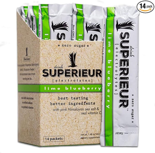 Superieur Electrolyte Powder Packets - Vegan Electrolyte Hydration Powder w/Sea Minerals - Keto Friendly, Non-GMO, Zero Sugar Electrolyte Supplement-Healthy Sports Drink -Lime Blueberry (14 Packets)