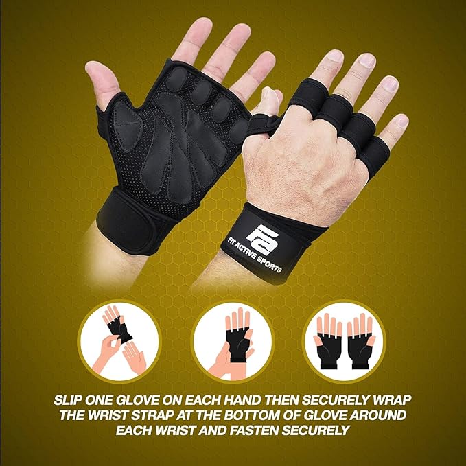 Fit Active Sports New Ventilated Weight Lifting Workout Gloves with Built-in Wrist Wraps for Men and Women - Great for Gym Fitness, Cross Training, Hand Support & Weightlifting.
