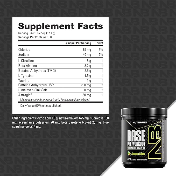 NutraBio Base Pre-Workout Powder 200mg Caffeine, Sustained Energy, Focus, Endurance, Pump, Sugar Free, Clean Preworkout for Men and Women - Beta Alanine, L-Tyrosine, 30 Servings - Lemon Lime