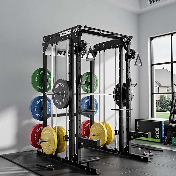 RitFit M2 Smith Machine with with Cable Crossover System, 3D Functional Trainer & Power Cage, 16 Adjustment Holes, 6 Storage Pegs for Full-Body Home Gym