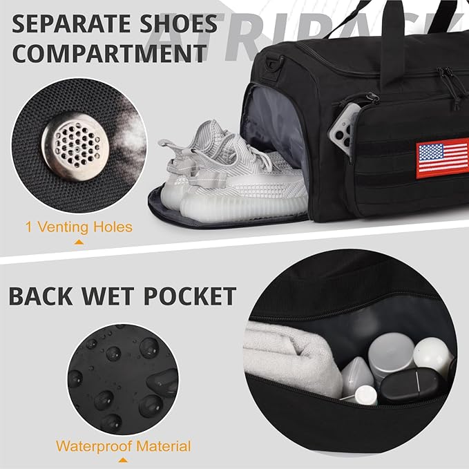 Tactical Gym Bag for Men, 40L Large Capacity Duffle Bags with Shoes Compartment, Sports Bag with wet compartment, Multi-functional Weekend Bags Suitable for Travel, Camping,hiking