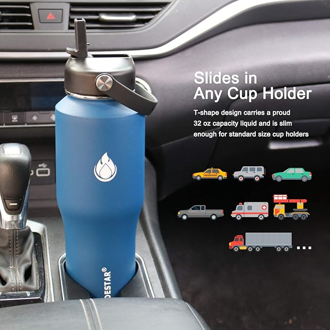 SENDESTAR Water Bottle 32oz,Wide Mouth Stainless Steel Vacuum Insulated Double Wall Keep Liquids Cold or Hot All Day,Sweat Proof Sport Design,Fit Car Cup Holder,2 Lids(Straw and Spout lid)(Cobalt)