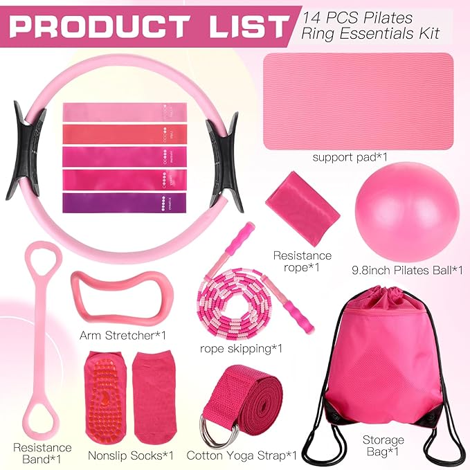 15 Pcs Home Pilates Essentials Kit for Women,Pilates Kit with 9 Inch Yoga Ball,Pilates Ring,Resistance Bands,Jump Rope,Workout Sets for Women,Pilates Equipment Set for Starter Toning Workout at Home