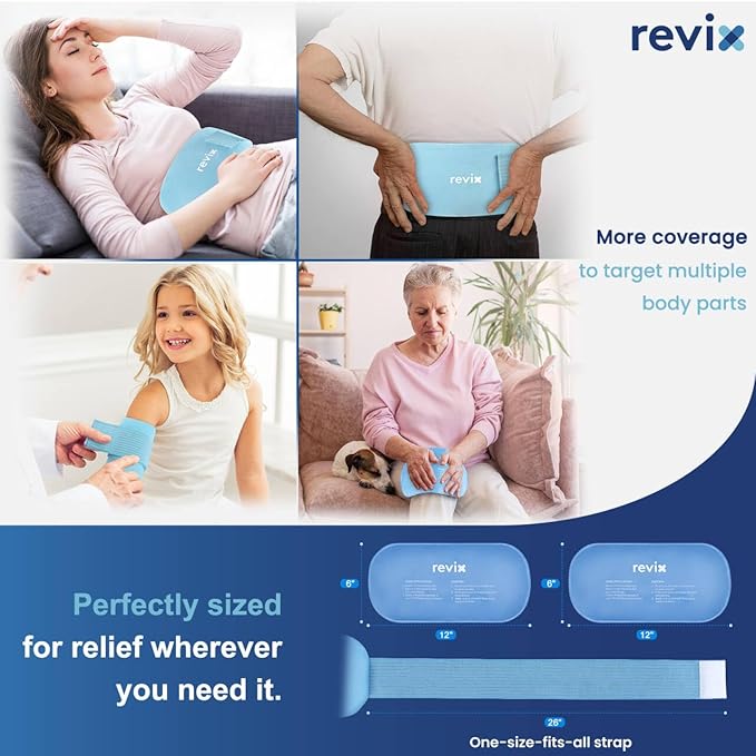 REVIX Cold Packs for Injuries, 2 Gel Packs, Soft and Flexible Hot & Cold Compress Large Ice Pack Wraps for Back, Knee, Leg and Ankle, Enhancing Comfort and Soothing Fatigue, 12" x 6"