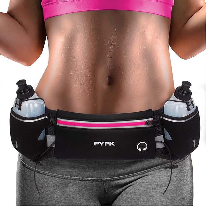PYFK Running Belt with Water Bottles, Hydration Belt for Men and Women, Water Bottle Holder Running Pouch Water Belt, Fanny Pack Fits 7 inches Phones, Waist pack for Runner Jogging
