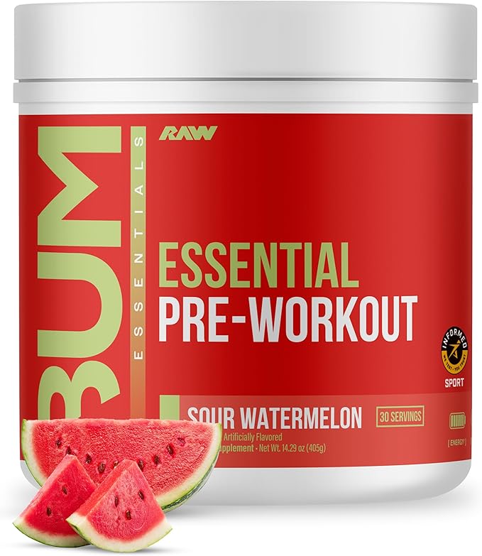 RAW Essential Pre-Workout Powder (Sour Watermelon) - Chris Bumstead Sports Nutrition Supplement for Men & Women - Preworkout Energy Powder with Caffeine, L-Citrulline, L-Tyrosine, & Beta Alanine Blend