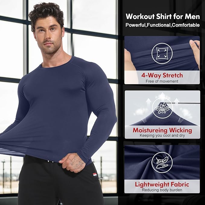 CL convallaria 4 Pack Compression Shirts Men Long Short Sleeve Cooling Dry Rash Guard Athletic Workout T Shirt for Sports