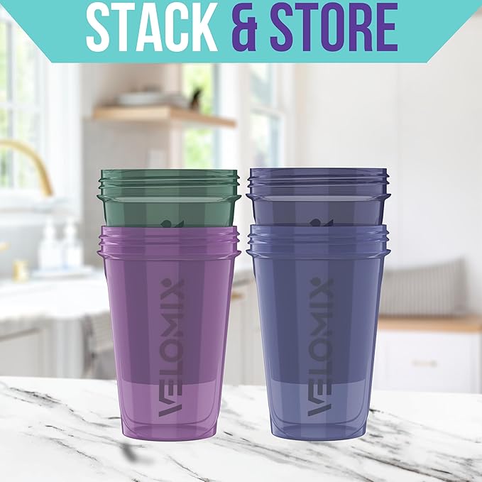 VELOMIX -4 PACK- 20 OZ Protein Shaker Bottles for Protein Mixes, Shaker Cups for Protein Shakes, Small Shaker Bottle Pack, Shaker Cup, Shakers for protein Shakes (Blue Mirage)