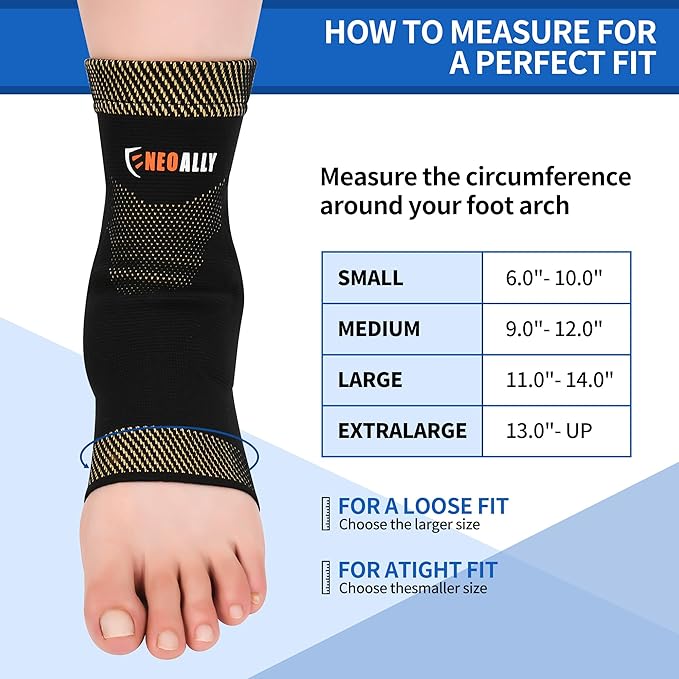 NeoAlly Copper Ankle Support Brace Compression Sleeve with Silicone Gel Reduce Foot Swelling Pain Relief from Plantar Fasciitis and Achilles Tendon (Small - 1 Pair)