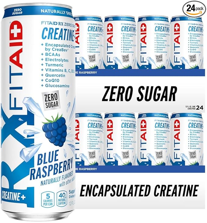 FITAID RX Zero Sugar, Encapsulated Creatine, Workout Recovery Drink, All-In-One Blend, BCAAs, Glucosamine, Turmeric, B-Complex, Electrolytes, Blue Raspberry, 12 Fl Oz (Pack of 24)