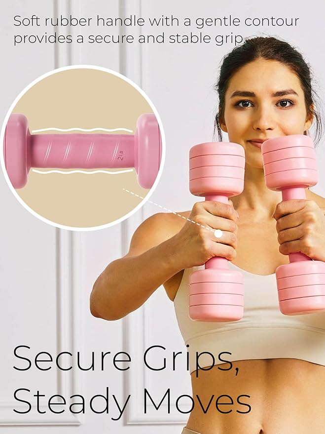 Adjustable Dumbbell Set｜2LB 3LB 4LB 5LB Light Hand Weights for Women｜One-Twist Weight Adjustment｜Non-Slip Curved Grip Handle｜Free Weights for Home Gym, Rehab, Pilates, Yoga, Strength Training