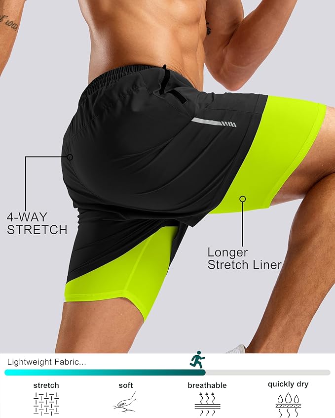Pudolla Men's 7" Running Shorts with Zipper Pockets Quick Dry 2 in 1 Workout Gym Shorts with Liner for Tennis Yoga Training