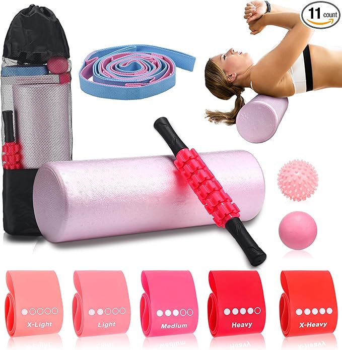 Soulchen 11 Pcs Pink 7 In1 Foam Roller Set Foam Back Roller Massage Stick Exercise Resistance Elastic Bands Plantar Fasciitis Ball Spiky Massager Ball with Bag for Physical Body Therapy Yoga Pilates
