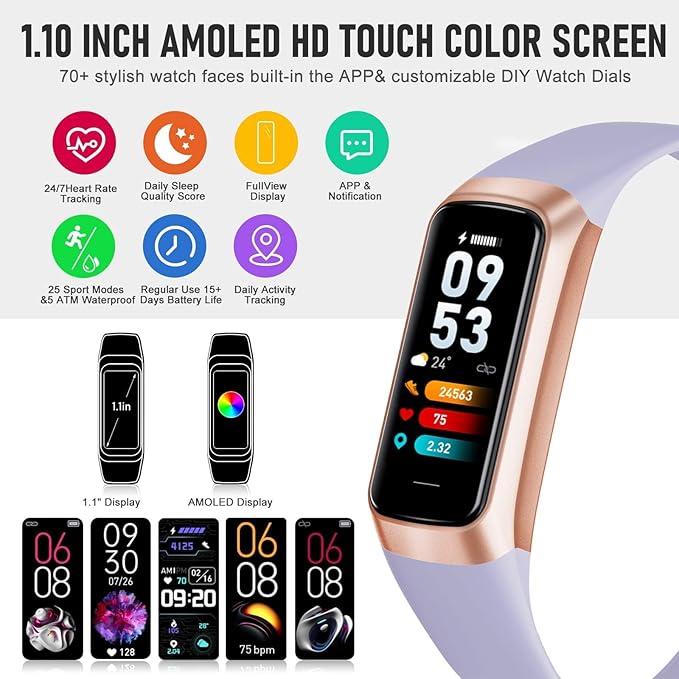 Fitness Tracker, Fitness Watch with 1.10''AMOLED Touch Color Screen, Step Counter with 24/7 Heart Rate Blood Oxygen Blood Pressure Sleep Tracking, Pedometer for Women Men