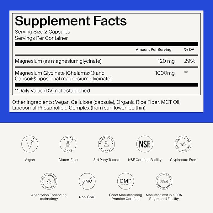 Magnesium Glycinate 1000mg - Liposomal Magnesium Bisglycinate for Max Absorption - Extra Strength to Support Body and Mind, Non-Laxative, Vegan, Gluten-Free - 120 Capsules