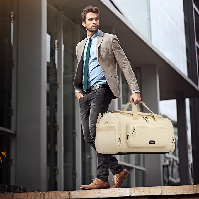 Large Travel Duffle Gym Bag with Shoe Compartment, Underseat Carry On Luggage Overnight Weekender Personal Item Workout Bags for Women Men (Offwhite)