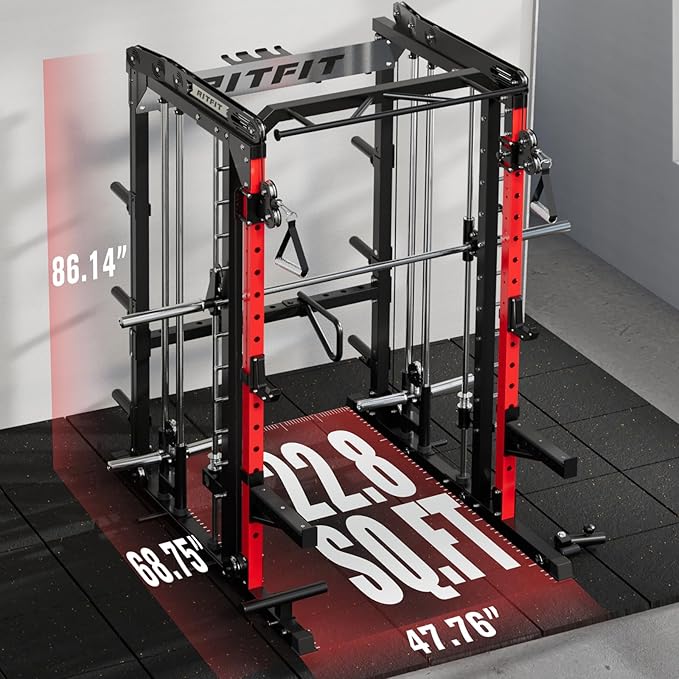 RitFit M2 Smith Machine with with Cable Crossover System, 3D Functional Trainer & Power Cage, 16 Adjustment Holes, 6 Storage Pegs for Full-Body Home Gym