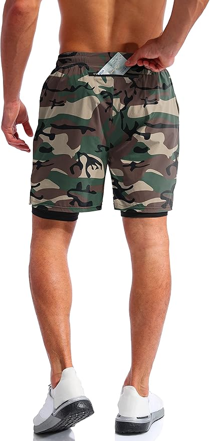 Pudolla Men’s 2 in 1 Running Shorts 5" Quick Dry Gym Athletic Workout Shorts for Men with Phone Pockets