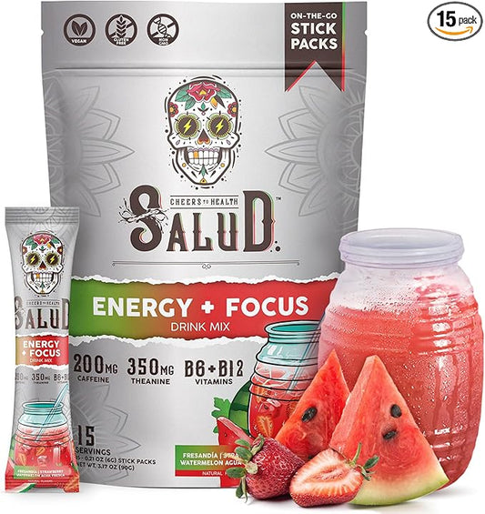 Salud 2-in-1 Energy Drink Powder + Focus, Strawberry Watermelon, Organic Caffeine, B6 + B12, Theanine, Clean Energy Drink Packets, Fresandia Agua Fresca Mix, Non-GMO, Gluten Free, Vegan, 1g of Sugar, (15 Servings)