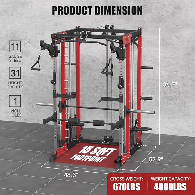 Commercial Smith Machine with Smith Bar, 4000LBS Power Cage Squat Rack with Lever Arm, Leg Press, LAT Pull Down System, Multi-Function Linear Bearing Cable Crossover Machine for Home Gym