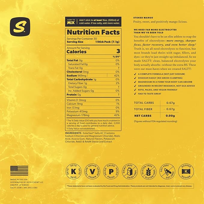 SALTT Electrolytes Powder Flavored Drink Mix - Stoked Mango - 30 Hydration Packets - Magnesium, Potassium, Sodium, Trace Minerals - Zero Sugar & Gluten Free - Travel Essentials