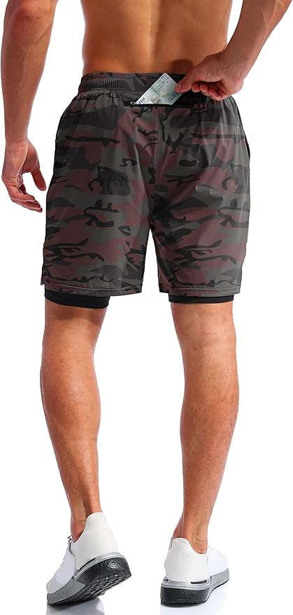 Pudolla Men’s 2 in 1 Running Shorts 5" Quick Dry Gym Athletic Workout Shorts for Men with Phone Pockets