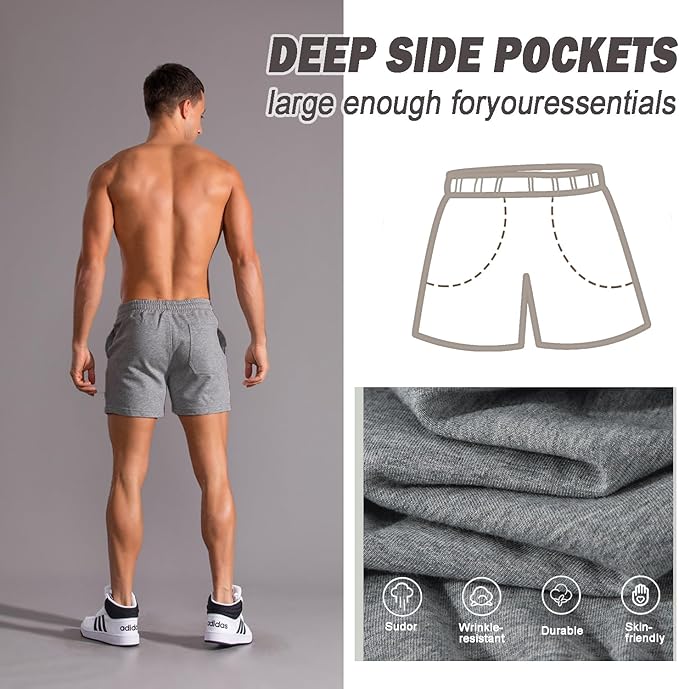 Mens 5 Inch/7 Inch Cotton Shorts Mens Sweat Athletic Shorts for Men Gym Worket Shorts with Pockets