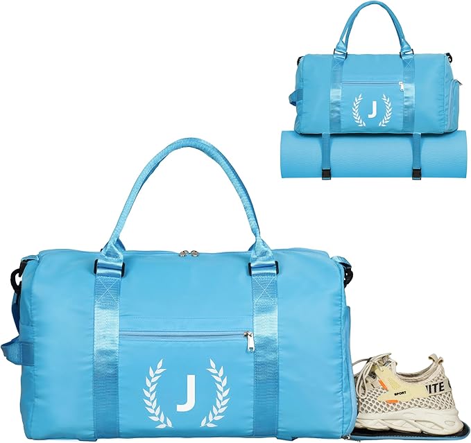 Gym Bag for Women, Personalized Duffle Bag with Shoe Compartment, Sports Bag for Yoga & Dance with Wet Pocket and Mat Strap(AquaBlue,J)