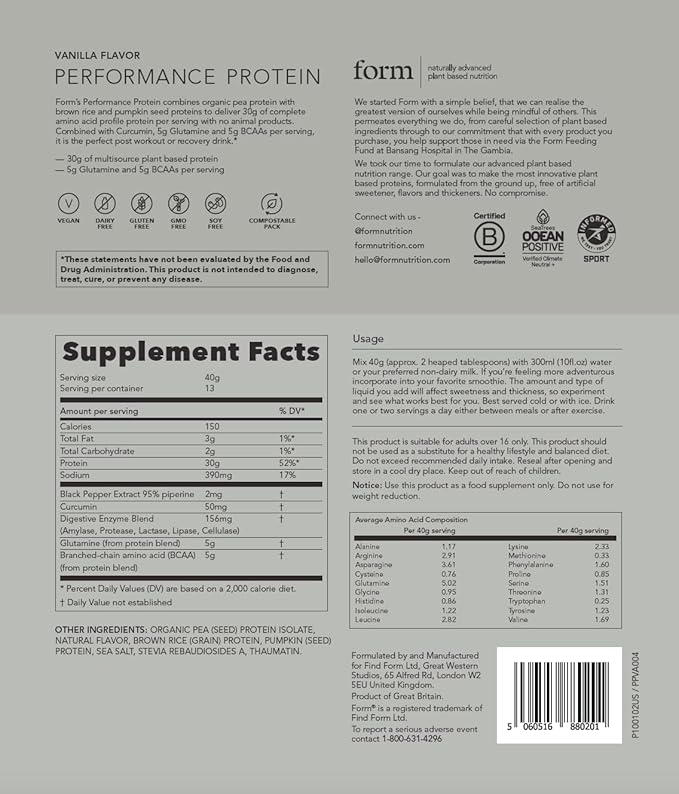 Form Performance Protein - Vegan Protein Powder - 30g of Plant Based Protein per Serving, with BCAAs and Digestive Enzymes. Perfect Post Workout. Tastes Great with Just Water! (Vanilla)