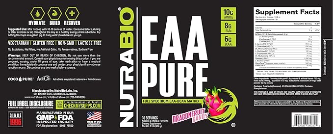 NutraBio – EAA Pure – 9 Amino Acids – Muscle Repair and Recovery, 30 Servings, Dragon Fruit Candy – Pre or Post Workout – All Day Recovery