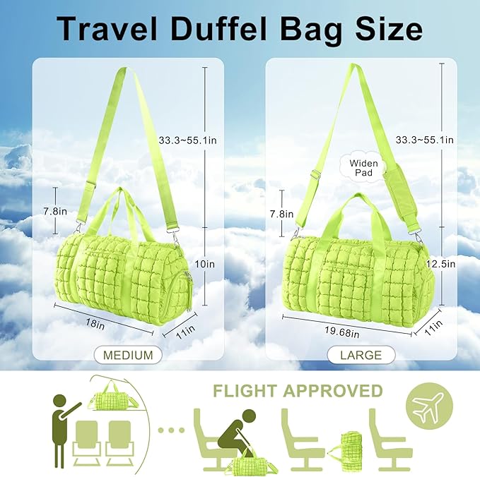 Quilted Travel Duffle Bag Gym Bag for Women,Large Puffer Duffle Weekender Bag with Compartment,Workout Overnight Carry on Organizer Bag Duffle Bag for Airplane Travel(L-Green)