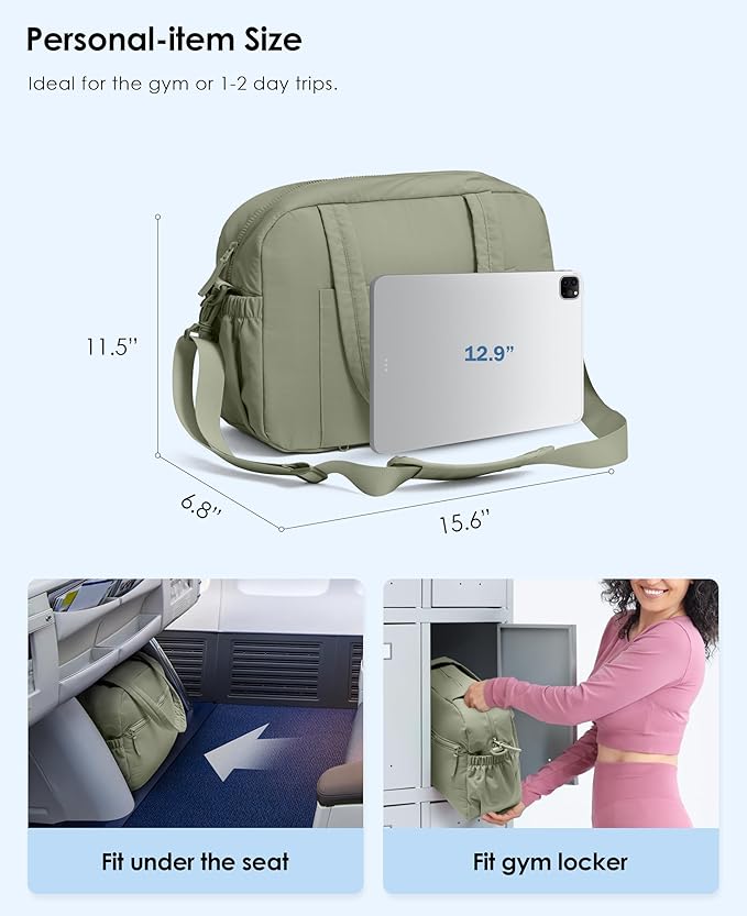 Gym Bag for Women, Travel Duffle Bags with Wet Pocket, Lightweight Carry on Bag Overnight Weekender Duffel Bag, Water Resistant (Sage Green)