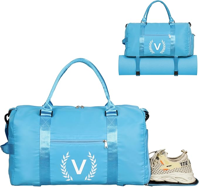 Gym Bag for Women, Personalized Duffle Bag with Shoe Compartment, Sports Bag for Yoga & Dance with Wet Pocket and Mat Strap(AquaBlue,V)