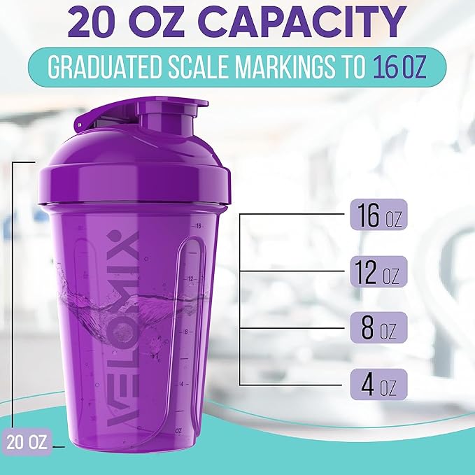 VELOMIX -4 PACK- 20 OZ Protein Shaker Bottles for Protein Mixes, Shaker Cups for Protein Shakes, Small Shaker Bottle Pack, Shaker Cup, Shakers for protein Shakes (Purple Bloom)
