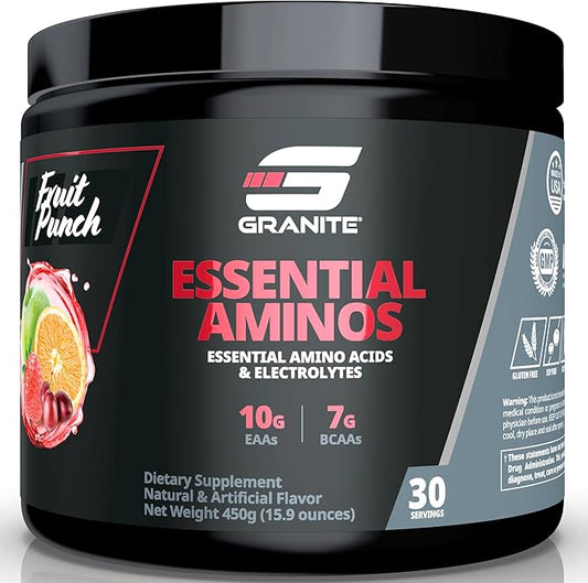 Granite Essential Amino Acids Powder for Muscle Recovery and Growth with 10g EAAs and 7g BCAAs - Soy-Free, Gluten-Free, 448g (30 Servings), Fruit Punch Flavor